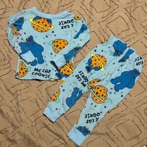 Sesame Street Cookie Monster Light Blue Pajama Set with Orange Planet Cookies